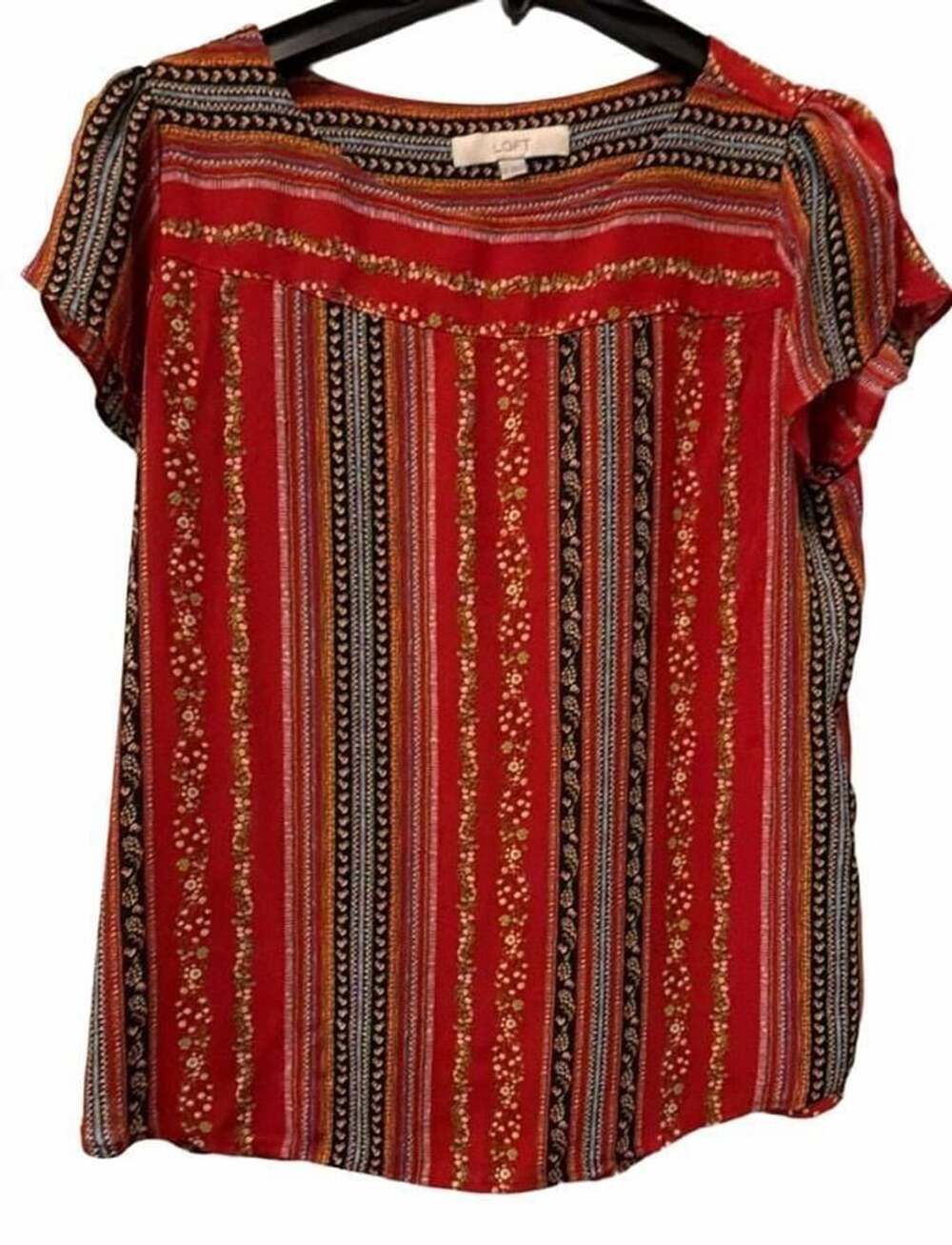 Loft Blouse Size S Red Floral Striped Short Sleeve Top